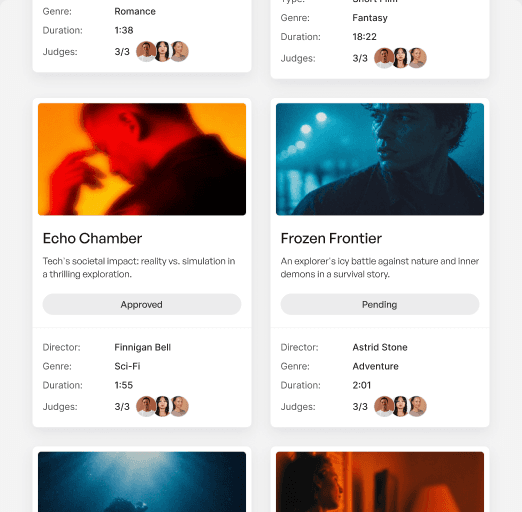 Film submission cards preview for festival organizers.
