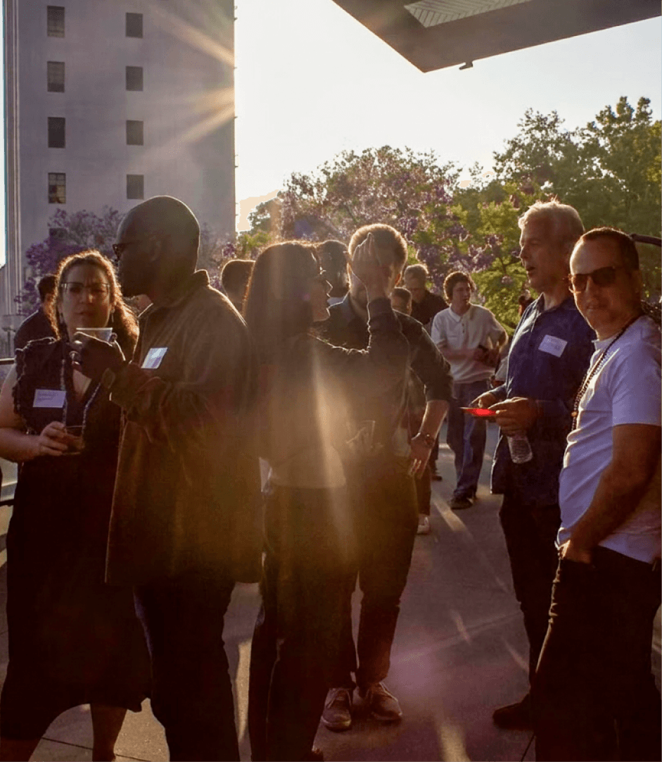 Festival attendees outside in golden light
